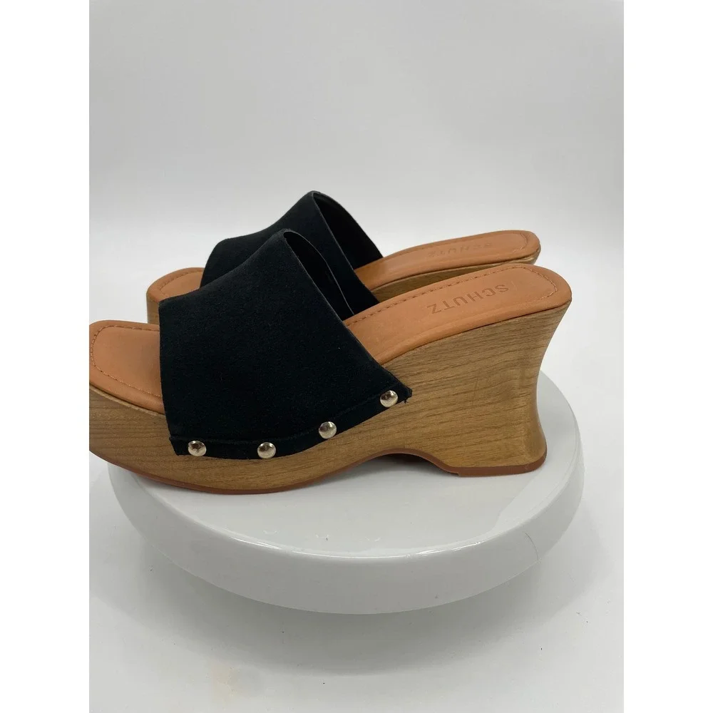 Schutz Lanneh Wedge Sandals Womens 9B Black Suede Wood Platform Slide Mules Boho